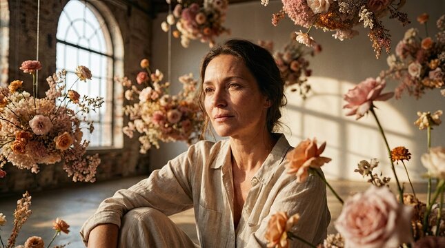 Frau zwischen h&auml;ngenden Trockenblumen in lichtdurchflutetem Atelier