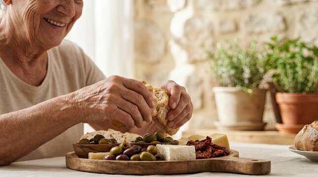Frau genie&szlig;t eine mediterrane Antipasti-Platte mit Oliven und K&auml;se