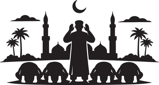 Muslim Congregation Praying In Front Mosque
