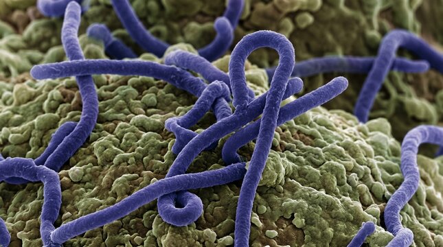 Ebola virus particles on a cell surface, scanning electron micrograph