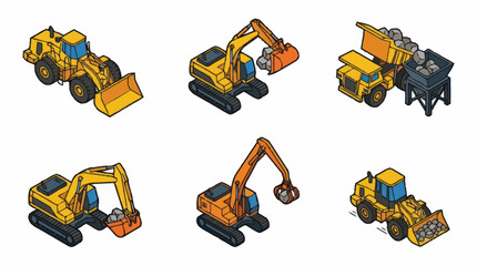 Set of six construction vehicles in isometric view. © yadi