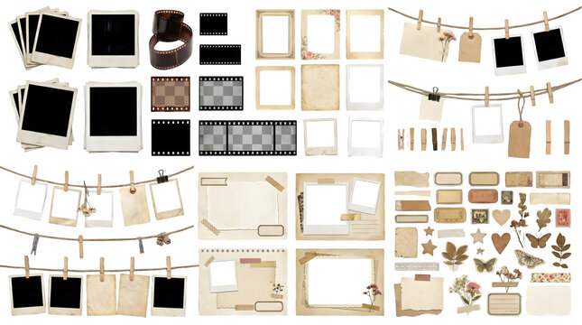 Vintage scrapbook elements collection, retro photo frames and paper tags, antique memory set