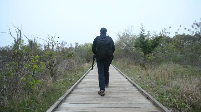 A man wearing a hat and carrying a backpack walks away along a wooden boardwalk at Assateague Island, Maryland. Dense coastal fog surrounds the trail while shrubs line both sides