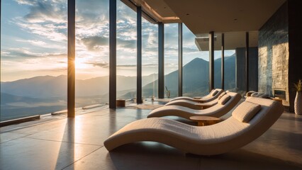 Fototapeta premium Luxury spa relaxation room with sun loungers overlooking mountain valley sunset