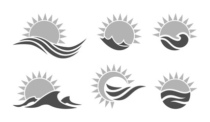 A set of six minimalist graphic emblems featuring the sun rising over stylized ocean waves, perfect for travel or coastal themes © Melnychukfree