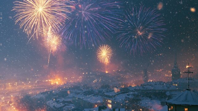 Goldenes Neujahrsfeuerwerk &uuml;ber verschneiter europ&auml;ischer Stadt
