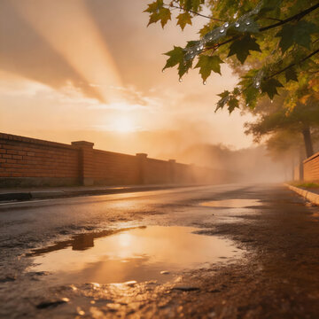 Wet street puddles reflecting sunrise light with mist and tree shadows