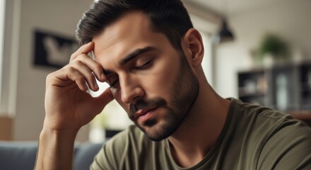 Obraz premium Close Up of Concerned Bearded Man Looking Down Holding Head in deep Mental Stress