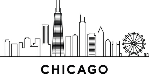 Chicago skyline silhouette with iconic buildings and ferris wheel, modern city illustration and travel destination and congress plaza in outline style © pyenga