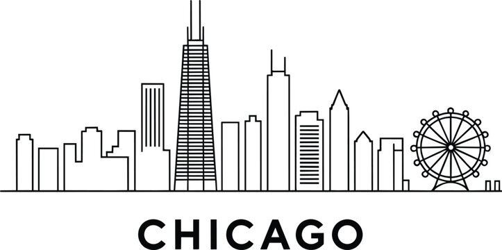 Chicago skyline silhouette with iconic buildings and ferris wheel, modern city illustration and travel destination and congress plaza in outline style