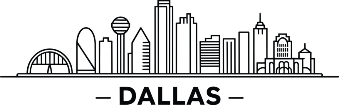 Dallas skyline cityscape iconic buildings landmark silhouette illustration in minimalist style and drawing in outline style