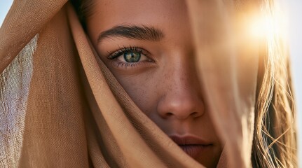 Fototapeta premium Warmtoniges Nahporträt einer Frau mit eindringlich grünen Augen