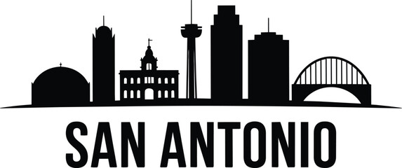 Fototapeta premium San antonio skyline silhouette with iconic buildings and a bridge in a simplistic graphic style, black and city and travel destination in outline styl