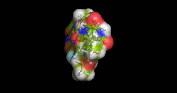 Zoliflodacin, antibiotic drug / novel bacterial topoisomerase inhibitor for uncomplicated gonorrhea and sexually transmitted infections, 3D molecule spinning, 4K