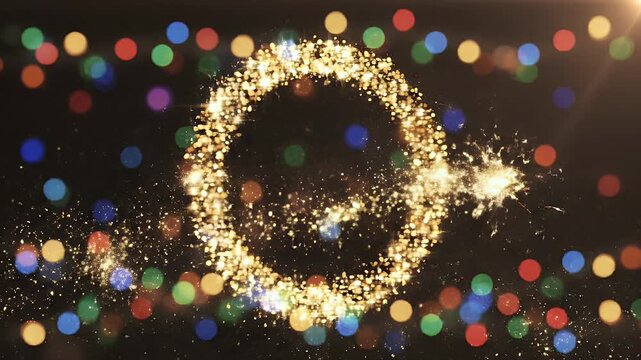 Golden number zero formed by sparks, blurred colorful lights background