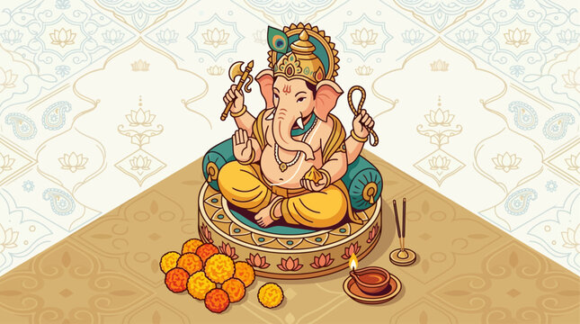 A vibrant flat design illustration capturing Lord Ganesha's idol with traditional offerings, symbolizing devotion and prosperity during Ganesh Chaturthi. 