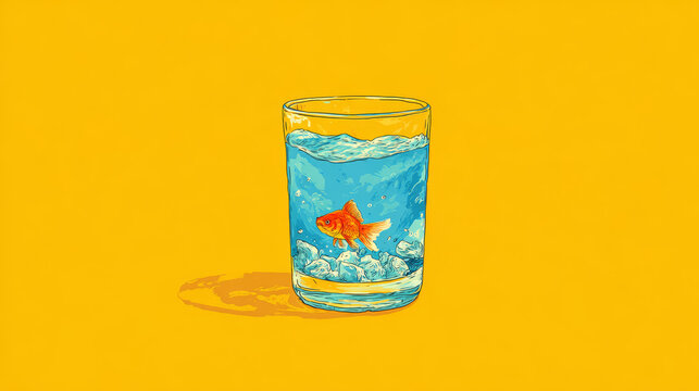Traditional armudu glass filled with clear blue sea water and tiny goldfish on yellow background, creative concept