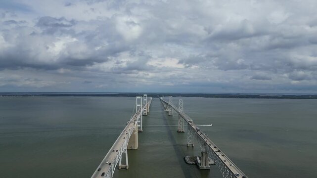 Aerial drone view of the Chesapeake Bay Bridge in Maryland