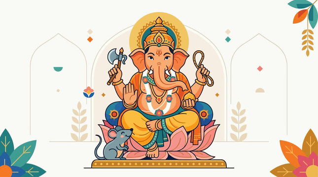 A delightful flat design illustration showcasing Lord Ganesha with his faithful mouse mount, Mushika, symbolizing wisdom and humble beginnings.