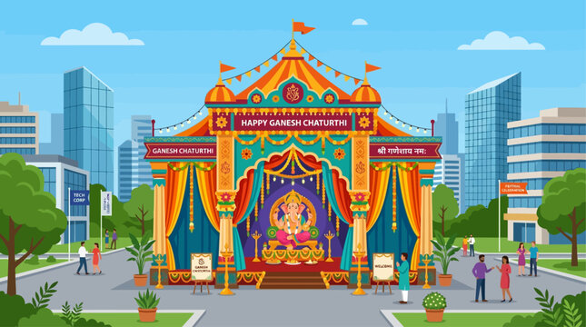 This flat design illustration captures the festive ambiance of a Ganesh Chaturthi Pandal, a temporary shrine adorned with traditional decorations. A clean and modern vector representation of community