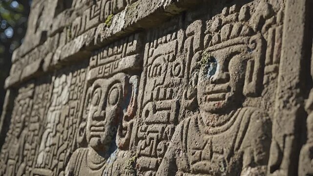 Ancient Mayan Stone Carvings Depicting Figures and Hieroglyphs in Jungle Setting.