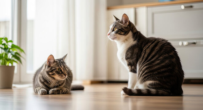 Two domestic tabby cats, one sitting and one lying, on a light wooden floor in a sunlit home interior, showcasing pet life.