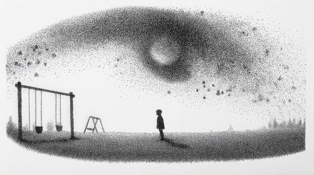 Distant child stands alone on wide, empty grassy field. Swings hang silent beside a tiny slide, unused. Above, dark clouds swirl like a sleeping sky. Child gazes upward, quiet, unafraid