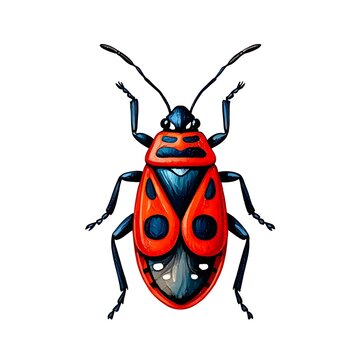 Watercolor illustration of a vibrant red and black insect with detailed wings and antennae