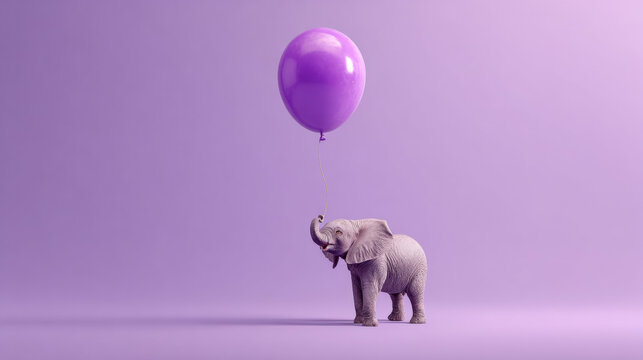 Tiny elephant being lifted by a single purple helium balloon on lavender background, lightness concept