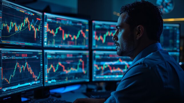 AI-generated man focused on financial market charts on multiple monitors, candlestick graphs, technical indicators, stock or crypto trading