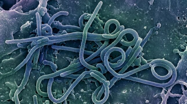 Scanning electron micrograph of ebola virus particles on a cell surface