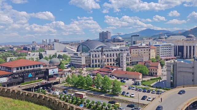 Skopje North Macedonia Aerial View of City And Buildings and Vardar River. Drone Video.