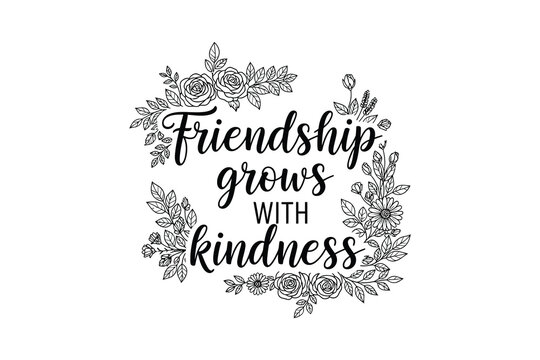 Friendship grows with kindness typography design with floral elements