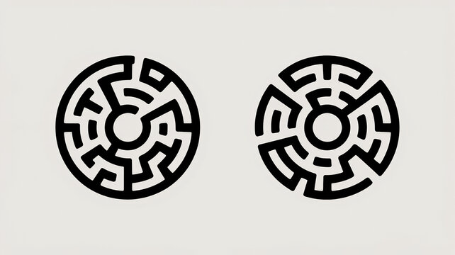 Set of two circular labyrinth icons, abstract geometric maze designs, black vector symbols on a light gray background