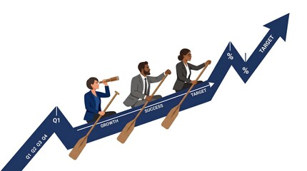 Fototapeta premium Business Team Rowing on Growth Arrow Chart for Financial Strategy Concept