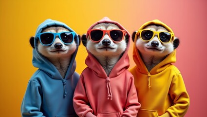 Fototapeta premium Three animated meerkats wearing colorful hoodies and sunglasses, posing together against a vibrant gradient background of orange and pink hues