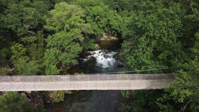 Suspension bridge connecting forest banks over the lerez river in galicia, spain
