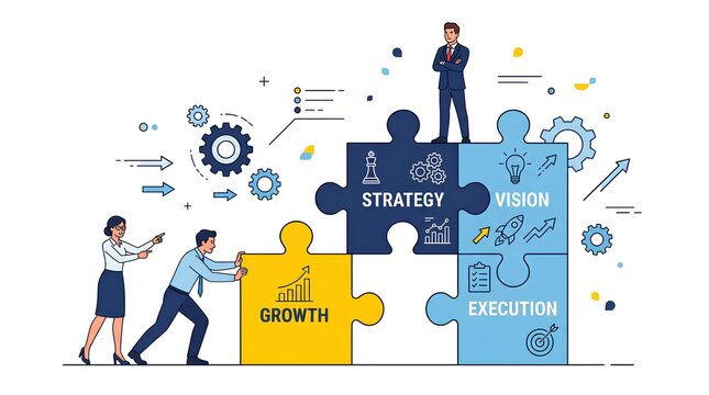 Business growth strategy with vision and execution Teamwork assembling success puzzle pieces towards financial development