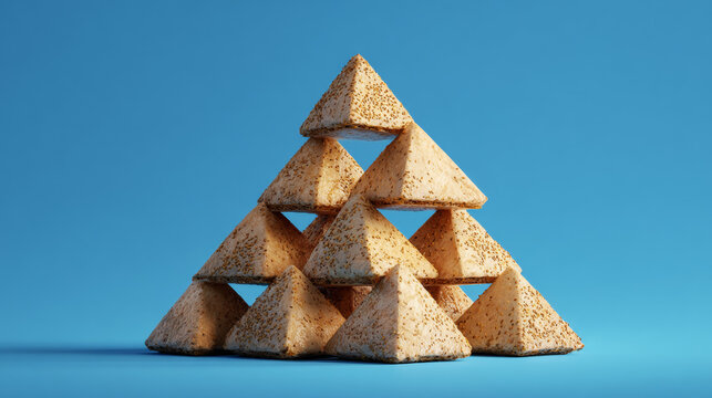 Stack of traditional pakhlava arranged like a minimalist 3D pyramid on blue background, food concept