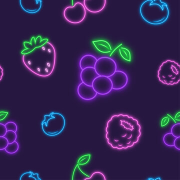 Seamless neon fruit pattern with grapes, strawberries, raspberries, cherries, and blueberries on a dark purple background. For backgrounds, wallpapers, packaging, summer branding, and design projects.