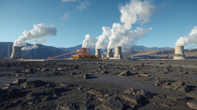 AI-generated industrial zone with active energy production, cooling towers emitting steam from power