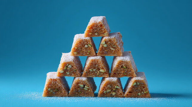 Stack of traditional pakhlava arranged like a minimalist 3D pyramid on blue background, food concept