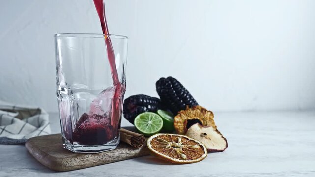 Pouring Chicha Morada, Purple Corn Drink with Lime and Cinnamon