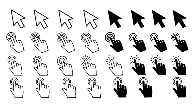 Various computer mouse cursor icons with hand clicking symbols arranged in rows on screen