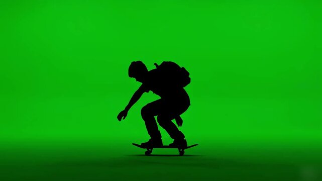 Silhouette of a Skateboarder with Backpack Riding on Green Screen Background, Action Sports and Urban Lifestyle Concept