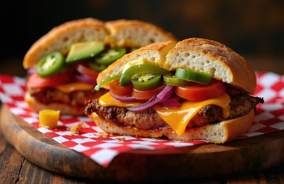 Two Mexican tortas with spicy pork leg cheese avocado tomatoes onions and jalapenos on a red checkered paper. Delicious street food served on wooden board. Savory meat sandwich with melted cheddar.