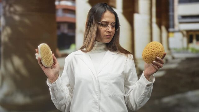Woman wearing white lab coat and glasses holding yellow sponge and scrub brush in building courtyard; contemplation choice.