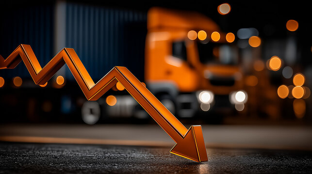 Economic Downturn: A sharp orange arrow pointing downwards signifies a decline in the economy, set against the backdrop of a delivery truck, hinting at disruptions in logistics and supply chains.