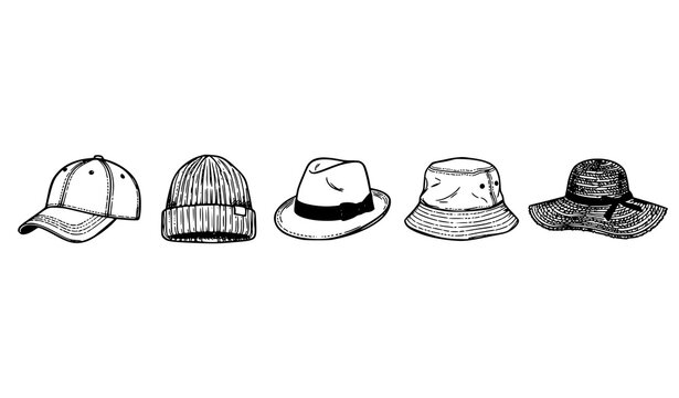 Hand drawn sketch style hat icons collection baseball cap beanie fedora bucket hat sunhat vector illustration white background