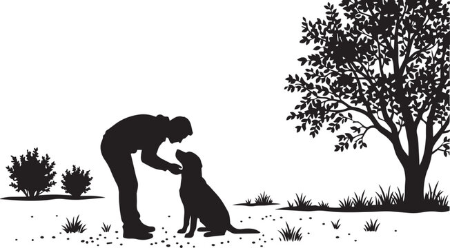 Silhouette of person affectionately interacting with loyal dog beneath tree, symbolizing companionship, trust, friendship, pet care and emotional connection